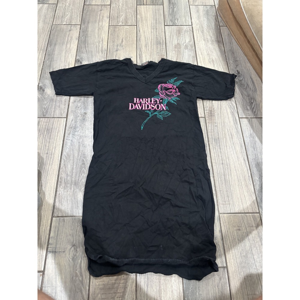 Vintage‎ 1995 Harley-Davidson Rose Logo T-Shirt Dress Black One Size V-Neck